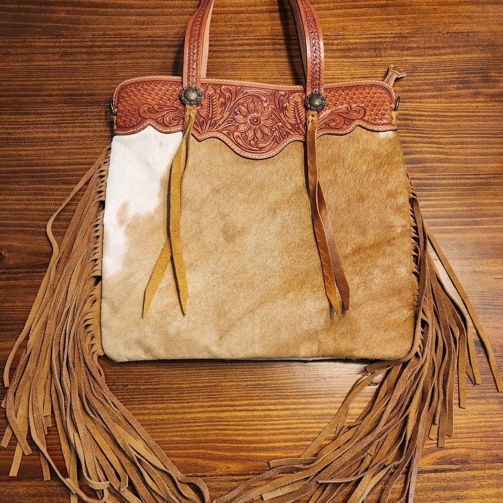 American Darling Tan and Brown Tote with Fringe
